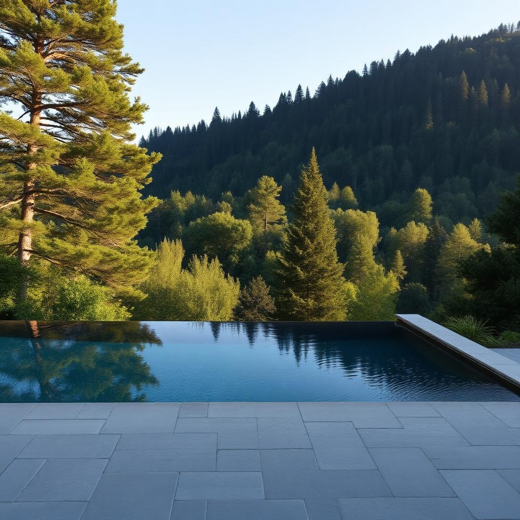 Gravel drive court framed by olive trees and board-formed concrete walls