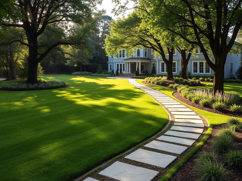Sweeping estate lawn with a stone path leading to a manor house