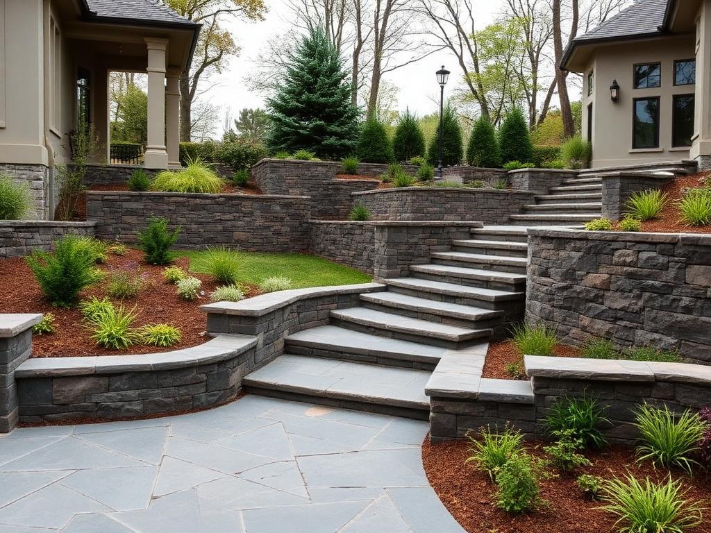 Stone retaining walls and bluestone terrace steps in an estate garden