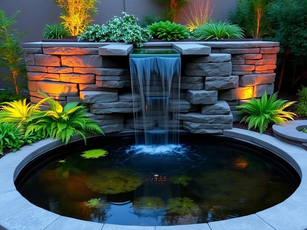 Stone sheet waterfall spilling into a dark reflecting basin lined with ferns